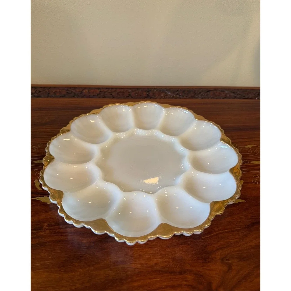 Vintage Milk Glass Deviled Egg Platter • Scalloped Gold Trim Serving Tray